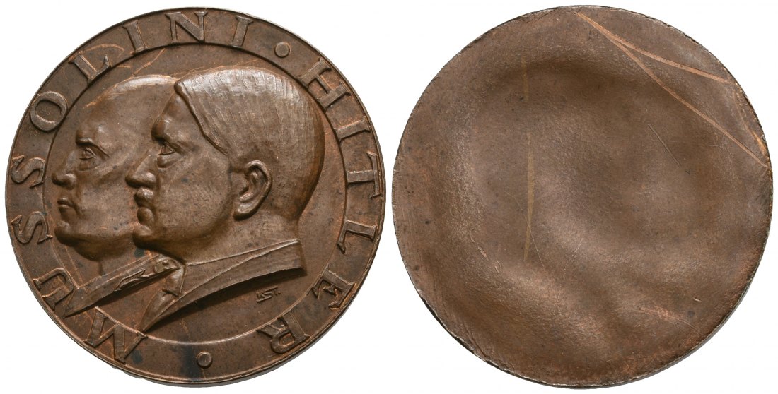 PEUS 5515 Drittes Reich A. Hitler und Mussolini auf das Staatstreffen in Rom Bronzemedaille o.J. Vorzüglich