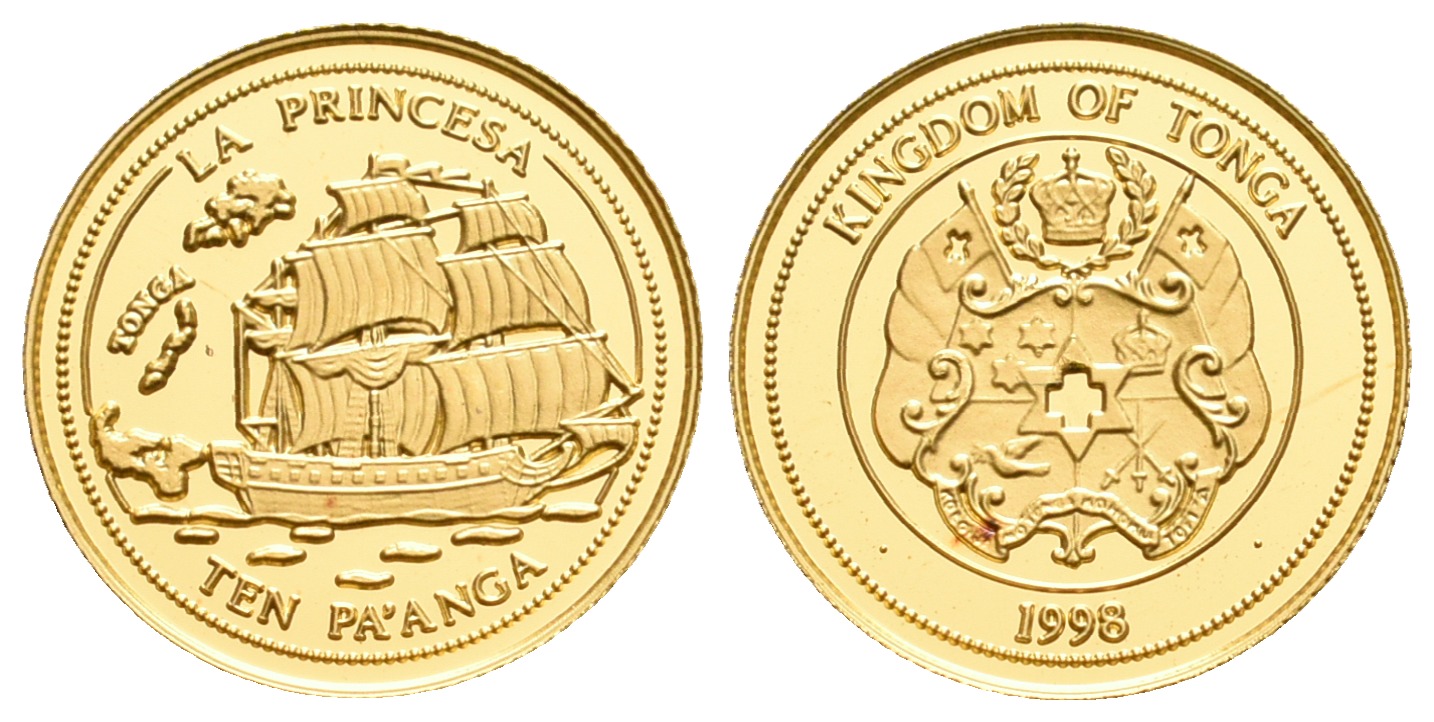 PEUS 5553 Tonga 1,24 g Feingold. Segelschiff LA PRINCESA 10 Pa`anga GOLD 1998 Proof (Kapsel)