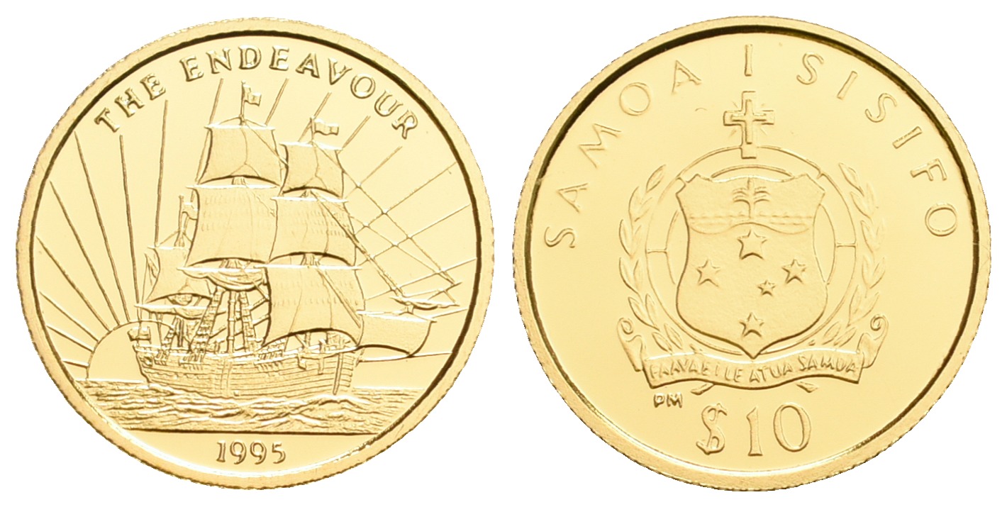 PEUS 5554 Samoa 1,24 g Feingold. Segelschiff ENDEAVOUR 10 Tala GOLD 1995 Proof (Kapsel)