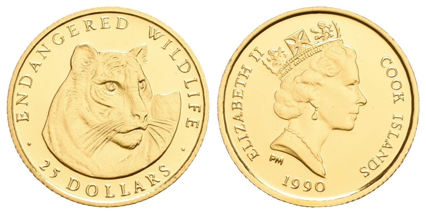 PEUS 5557 Cook Inseln 1,24 g Feingold. Gef. Tierwelt - Tiger 25 Dollar GOLD 1990 Proof (Kapsel)
