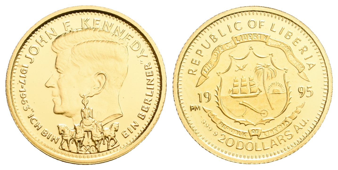 PEUS 5558 Liberia 1,24 g Feingold. John F. Kennedy Besuch in Berlin 25 Dollars GOLD 1995 Proof (Kapsel)