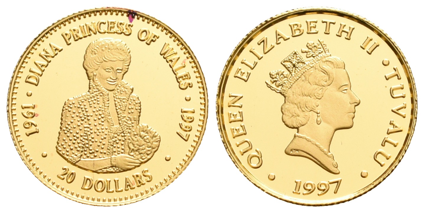 PEUS 5563 Tuvalu 1,24 g Feingold. Prinzessin Diana 20 Dollars GOLD 1997 Proof (Kapsel)