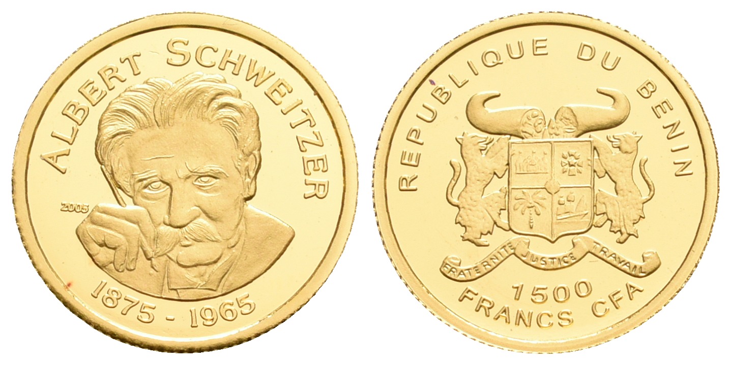 PEUS 5564 Benin 1,24 g Feingold. Albert Schweizer 1500 Francs GOLD 2005 Proof (Kapsel)
