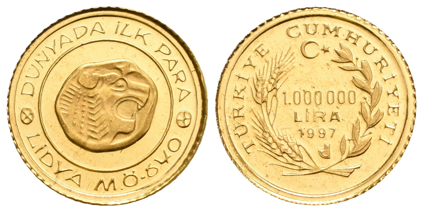 PEUS 5567 Türkei 1,24 g Feingold. Antike Münze Lydien - Löwenkopf 1.000.000 Lira GOLD 1997 Proof (Kapsel)
