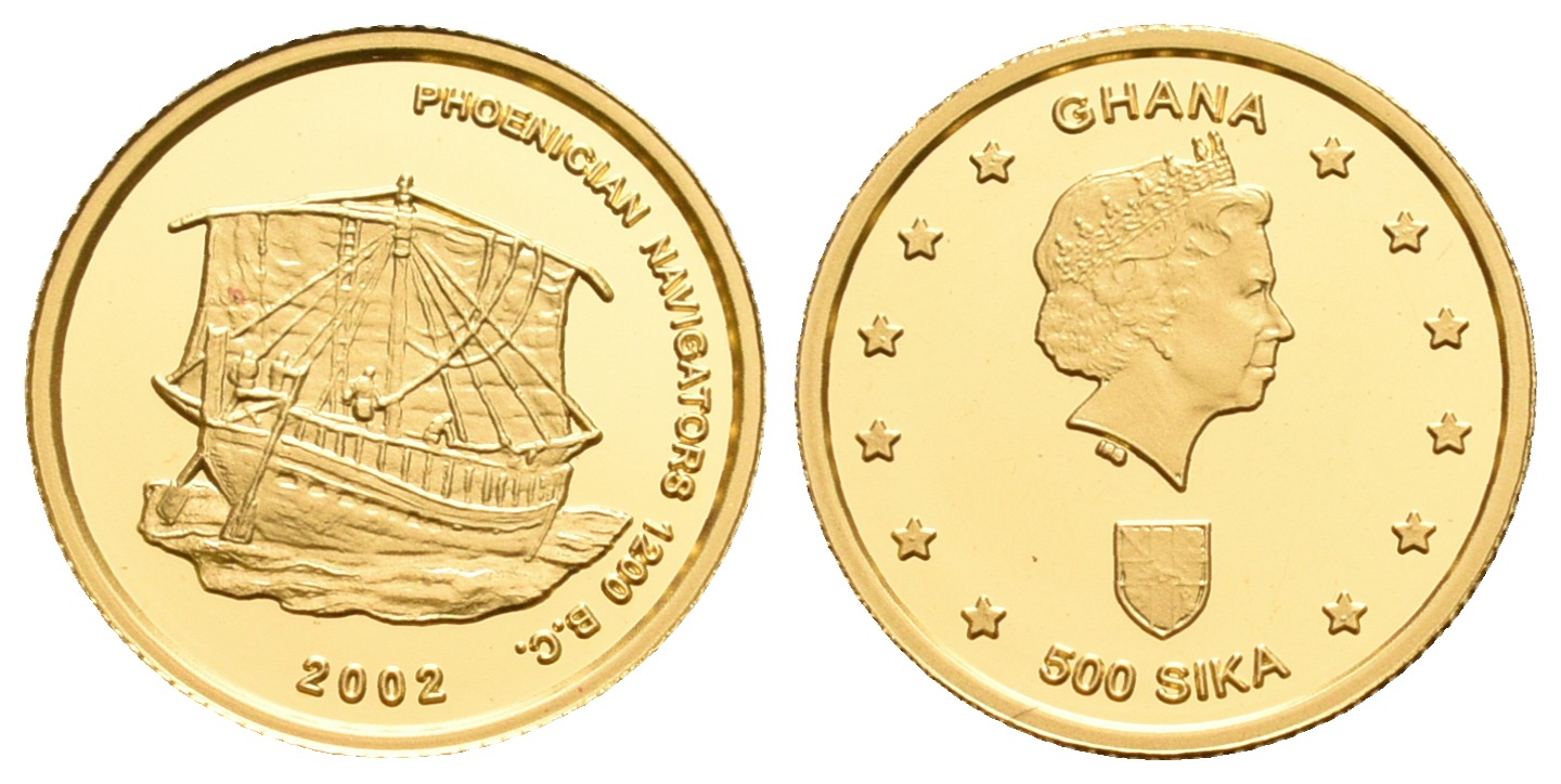 PEUS 5569 Ghana 1,24 g Feingold. Phönizisches Schiff / Wert Elisabeth II. 500 Sika GOLD 2002 Proof (Kapsel)