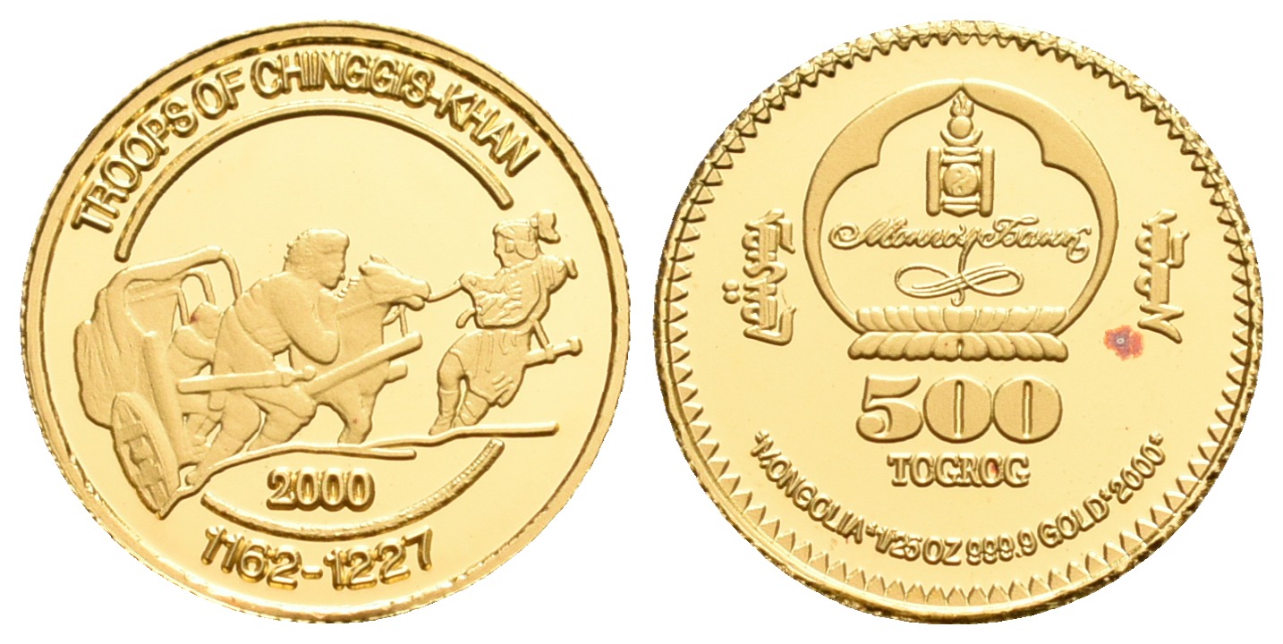 PEUS 5570 Mongolei 1,24 g Feingold. Dschingis Khan 500 Tugrik GOLD 2000 Proof (Kapsel)