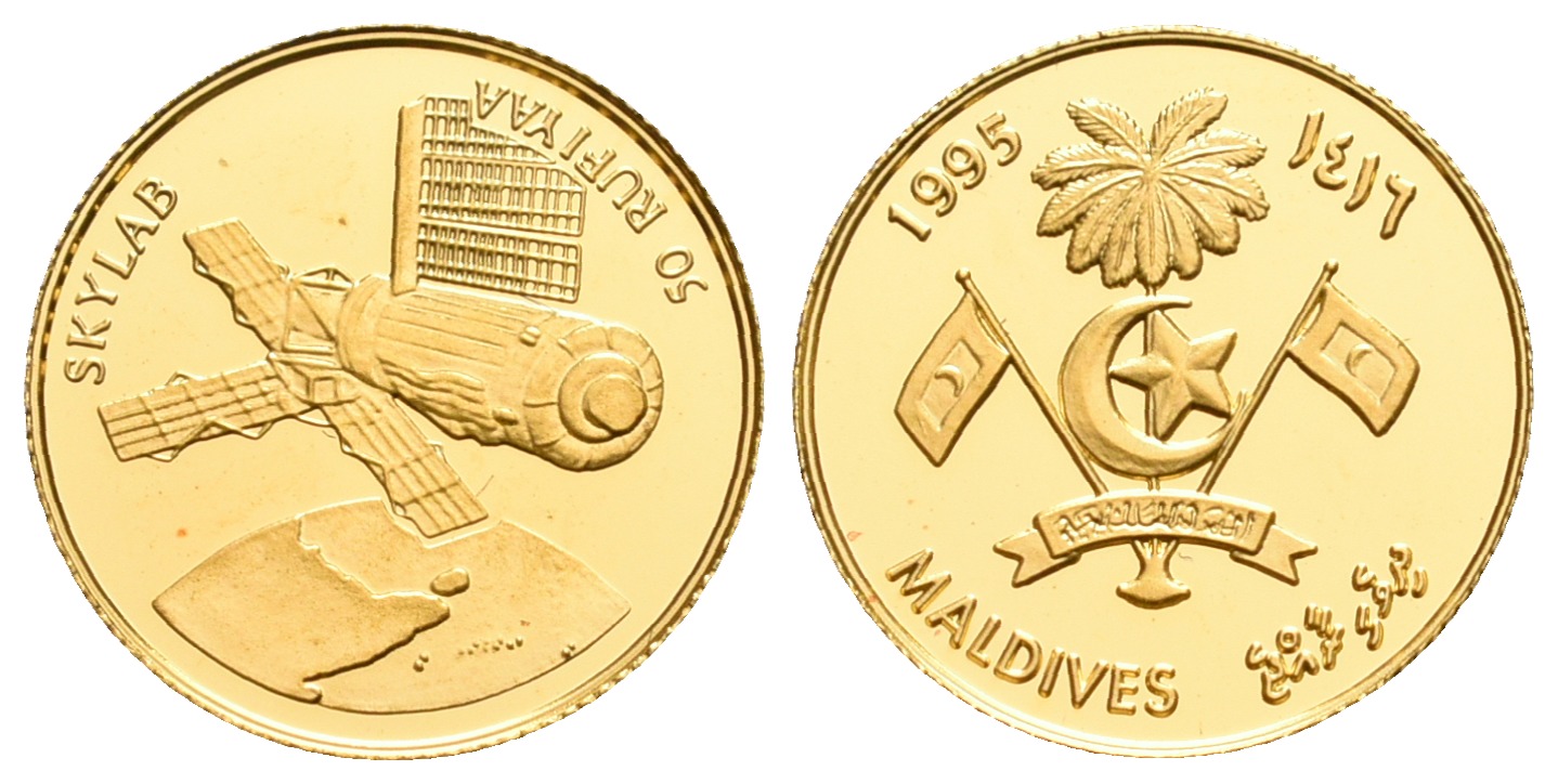 PEUS 5571 Malediven 1,24 g Feingold. Skylab Raumstation 50 Rufiyaa GOLD AH1415-1995 Proof (Kapsel)