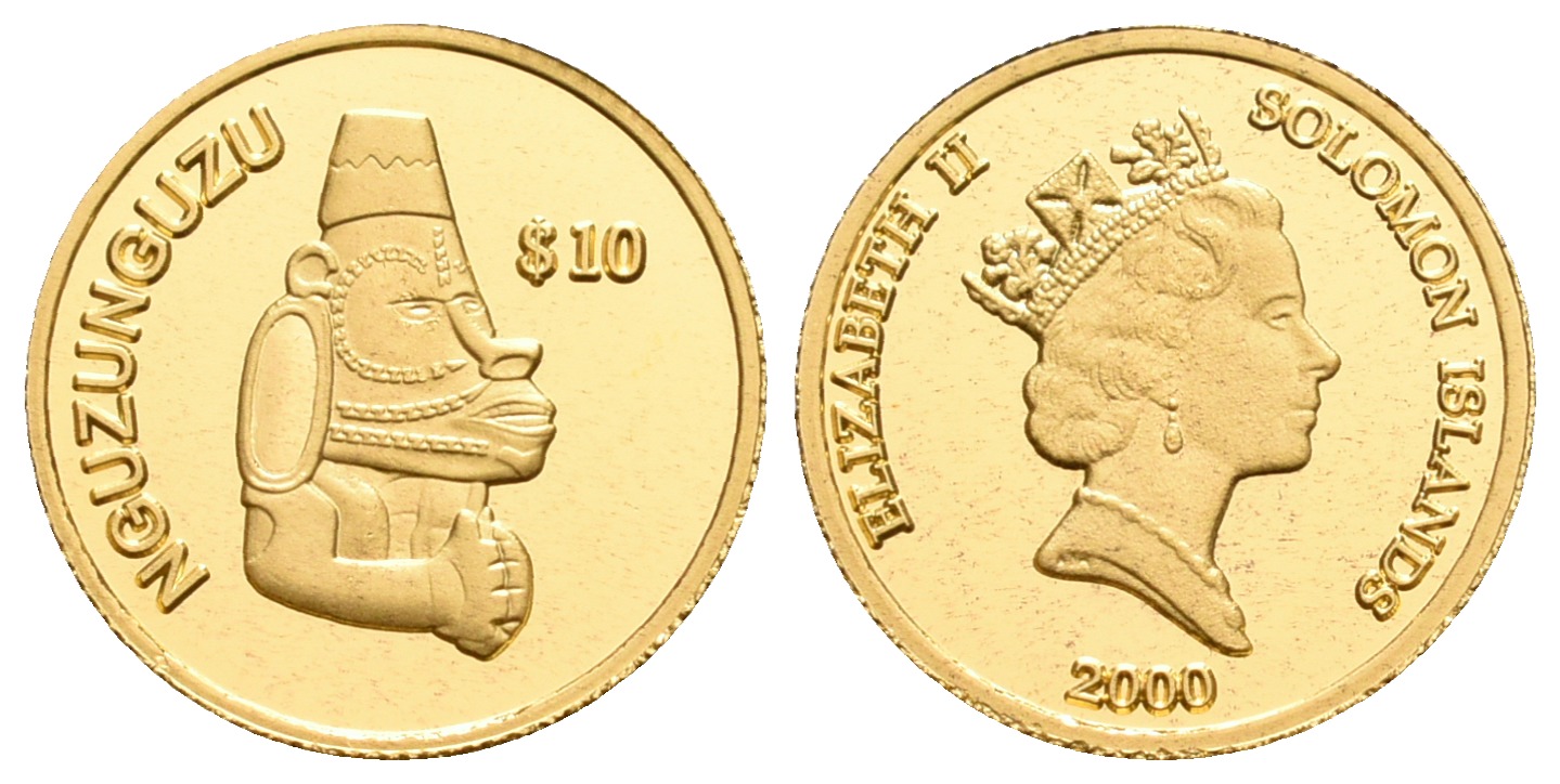 PEUS 5572 Salomon Inseln 1,24 g Feingold. Skulptur Nguzunguzu 10 Dollars GOLD 2000 Proof (Kapsel)