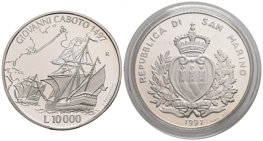 PEUS 5528 San Marino 18,37 g Feinsilber. Giovanni Caboto 10000 Lire SILBER 1997 Proof (Kapsel)