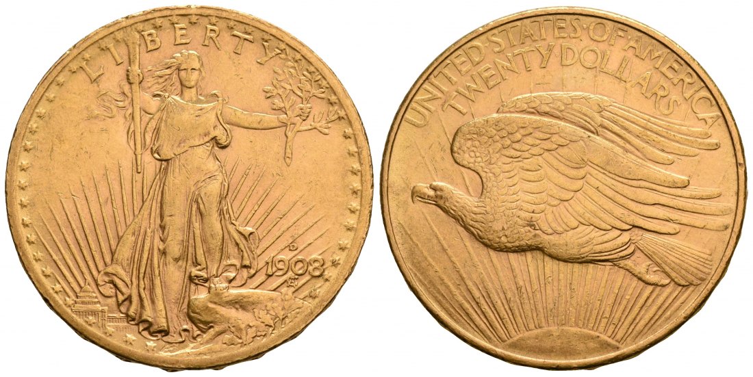 PEUS 5536 USA 30,1 g Feingold 20 Dollars GOLD 1908 D Sehr schön