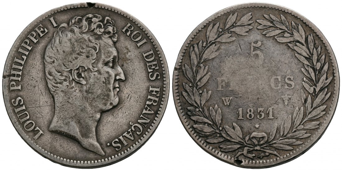 PEUS 5614 Frankreich 22,5 g Feinsilber. Louis Philippe (1830 - 1848) 5 Francs SILBER 1831 W Lille Randfehler, Fast Sehr schön