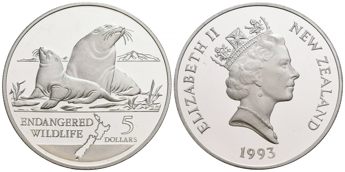 PEUS 5617 Neuseeland 29,1 g Feinsilber. Neuseeländischer Seelöwe 5 Dollars SILBER 1993 Proof