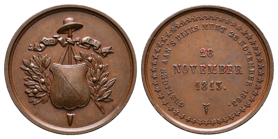  Linnartz Niederlande Utrecht Bronzemedaille 1863 50.Jahre Unabhänigkeit vz Gewicht: 19,6g   