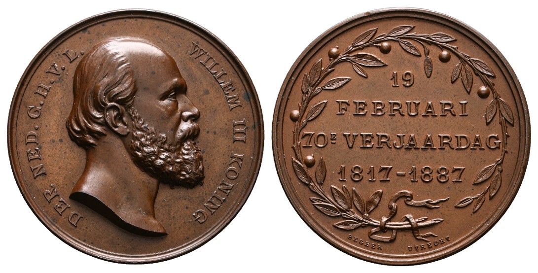  Linnartz Niederlande Willem III. Bronzemedaille 1887 (Begeer) a.s. 70.Geburtstag vz Gewicht: 31,6g   