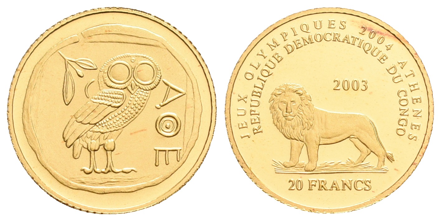 PEUS 5574 Kongo 1,22 g Feingold. Tetradrachme Athen Eule 20 Francs GOLD 2003 Proof (Kapsel)