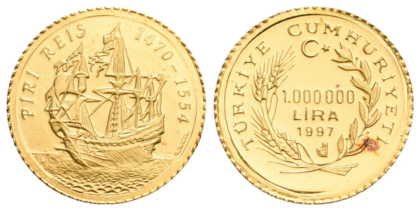 PEUS 5575 Türkei 1,22 g Feingold. Segelschiff Piri Reis 1.000.000 Lira GOLD 1997 Proof (Kapsel)