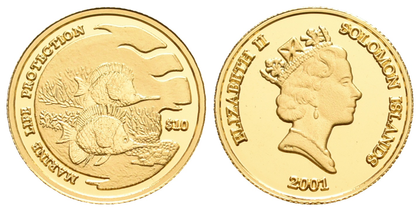 PEUS 5579 Salomon Inseln 1,2 g Feingold. Umweltschutz Meer - Pinzetten Doktorfisch 10 Dollars GOLD 2001 Proof (Kapsel)