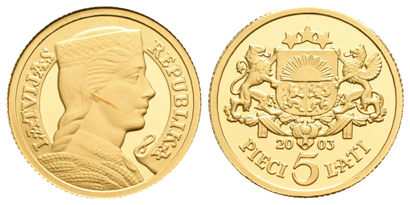 PEUS 5580 Lettland 1,24 g Feingold. 5 Lati GOLD 2003 Proof (Kapsel)