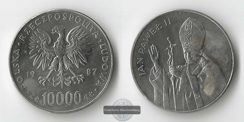  Polen  10000 Zloty  1987 Papst Johannes Paul II. FM-Frankfurt  Feinsilber: 14,3g   