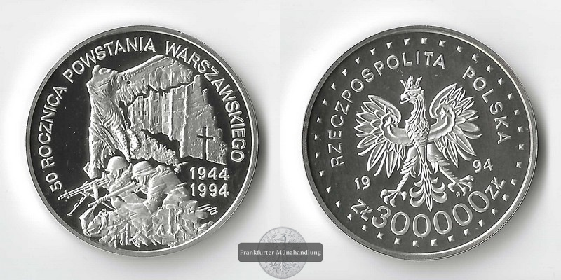  Polen  300.000 Zloty  1994 Warschauer Aufstand FM-Frankfurt  Feinsilber: 31g   