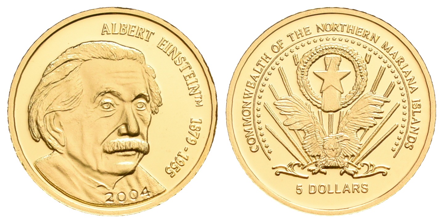 PEUS 5581 Nördliche Marianen Inseln 1,2 g Feingold. Albert Einstein 5 Dollars GOLD 2004 Proof (Kapsel)