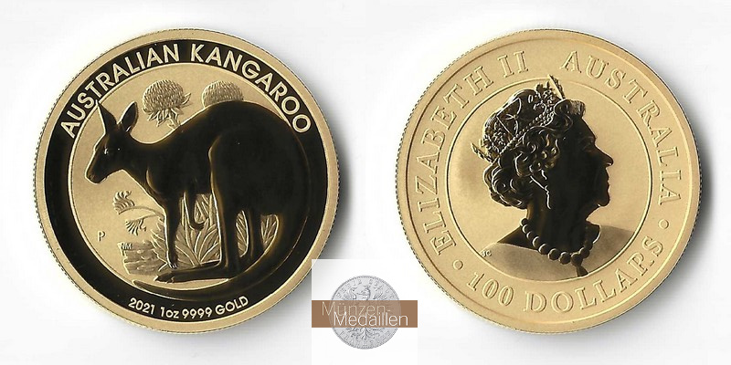 Australien  100 Dollars MM-Frankfurt Feingold: 31,1g Kangaroo 2021 