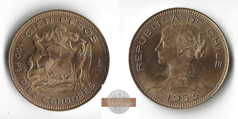 Chile MM-Frankfurt Feingold: 18,30g 100 Pesos 1953 
