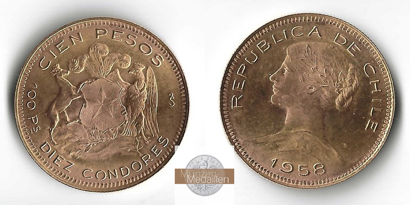 Chile MM-Frankfurt  Feingold: 18,30g 100 Pesos 1958 