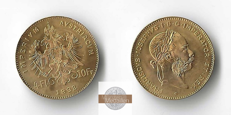 Österreich MM-Frankfurt   Feingold: 2,9g 4 Florin - 10 Francs 1892 NP 