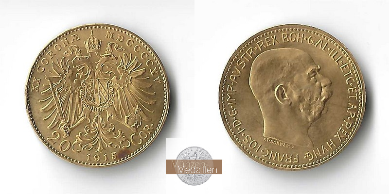 Österreich MM-Frankfurt Feingold: 6,10g 20 Kronen 1915 NP 