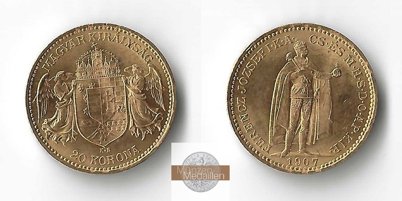 Ungarn MM-Frankfurt  Feingold: 6,10g 20 Kronen 1907 