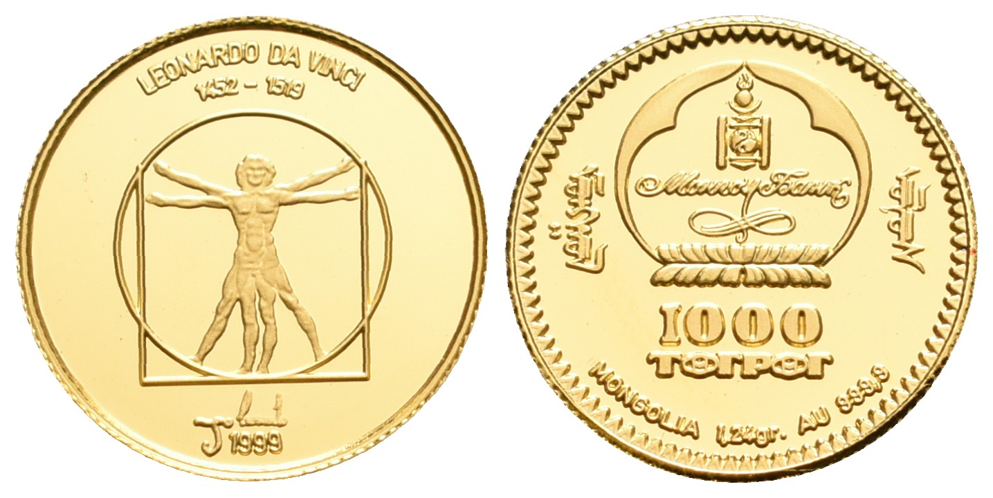 PEUS 5586 Mongolei 1,24 g Feingold. Vitruvianischer Mensch - Da Vinci 1000 Tugrik GOLD 1999 Proof (Kapsel)