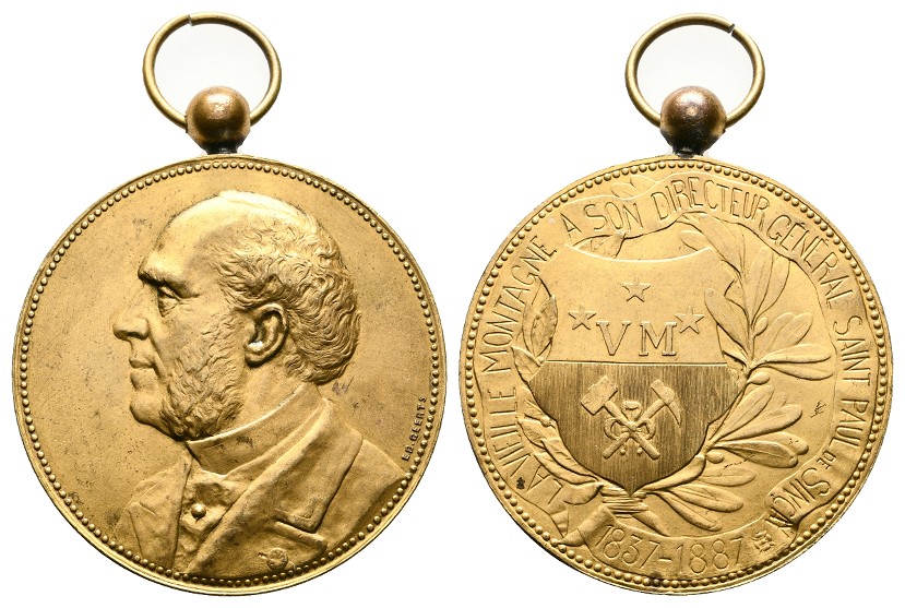  Linnartz Bergbau Belgien vergoldete Bronzemedaille 1887(E.L.Geerts) mit Öse vz+ Gewicht: 59,7g   