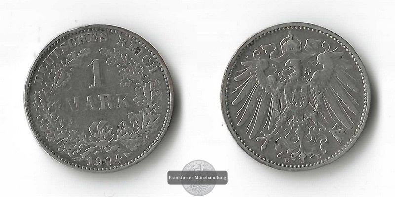  Kaiserreich, 1 Mark 1904 E  FM-Frankfurt    Feinsilber: 4,995g   