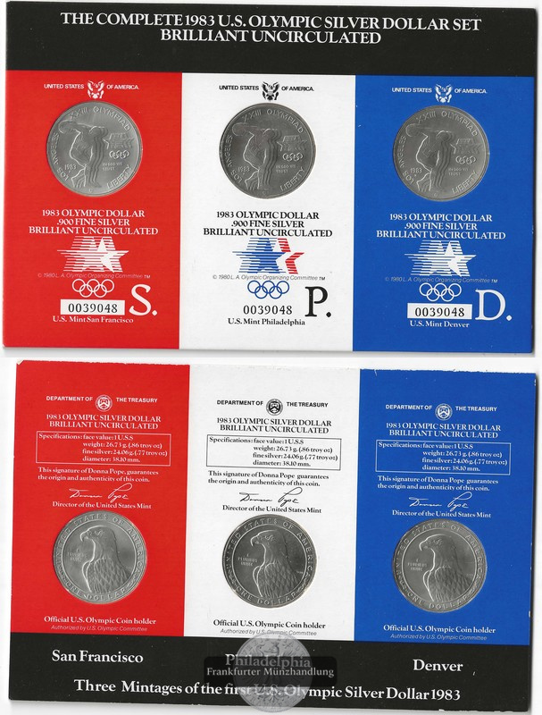  USA  1 Dollar Coin Set  1983  Olympiade Los Angeles  FM-Frankfurt  Feingewicht: 3x 24,05g = 72,15g   