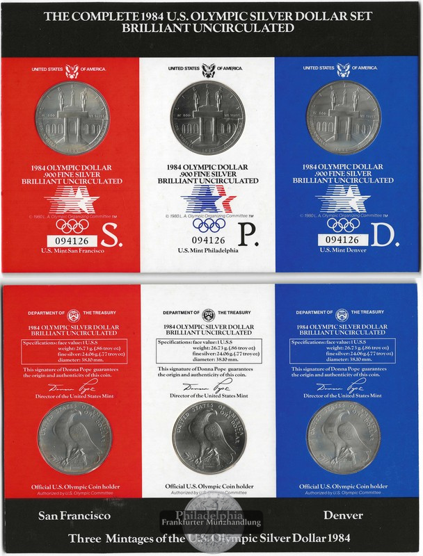  USA  1 Dollar Coin Set  1984  Olympiade Los Angeles  FM-Frankfurt  Feingewicht: 3x 24,05g = 72,15g   