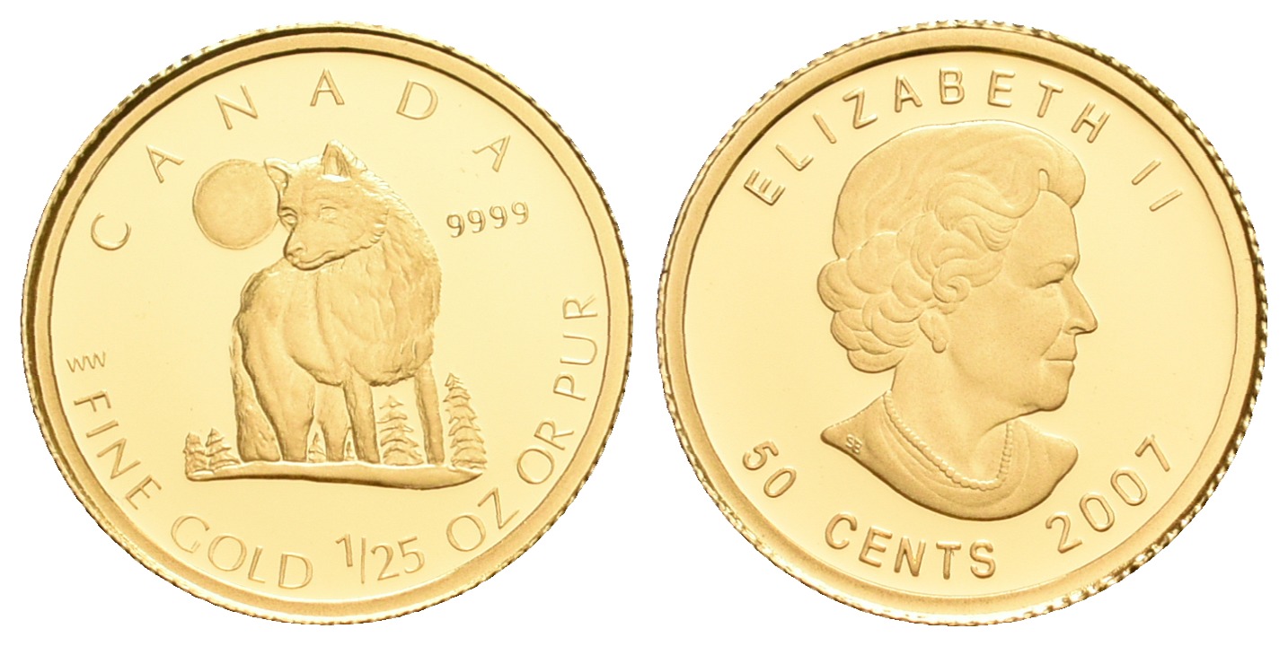 PEUS 5590 Kanada 1,24 g Feingold. Wolf 50 Cents GOLD 1/25 Unze 2007 Proof (Kapsel)