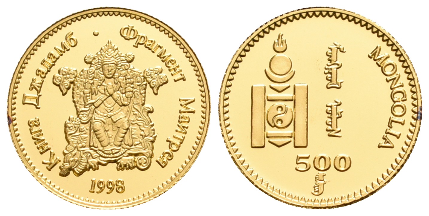 PEUS 5592 Mongolei 1,24 g Feingold. Maitreya - Buddha der Zukunft, der große kommende Weltlehrer 500 Tugrik GOLD 1998 Proof (Kapsel)
