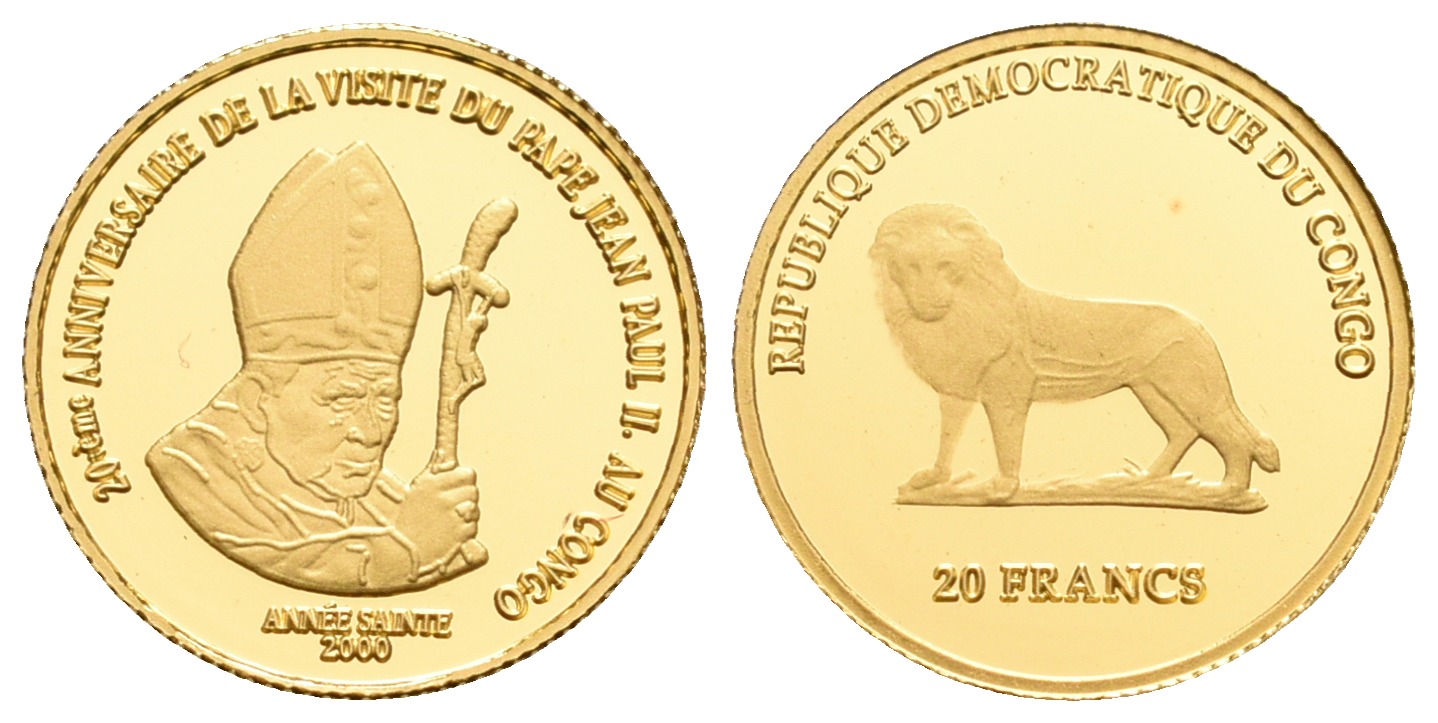 PEUS 5593 Kongo 1,53 g Feingold. 25. Jahrestag Besuch Papst Johannes Paul II. 20 Francs GOLD 2000 Proof (Kapsel)