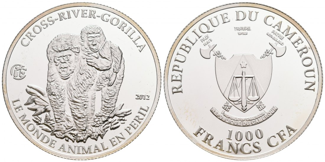 PEUS 5635 Kamerun 20 g Feinsilber. Zwei Cross-River-Gorilla 1000 Francs SILBER 2012 Proof (Kapsel)