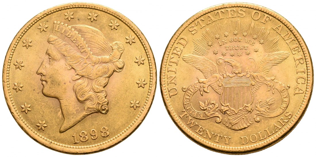 PEUS 5640 USA 30,1 g Feingold. Coronet Head 20 Dollars GOLD 1898 Kl. Kratzer, fast Vorzüglich