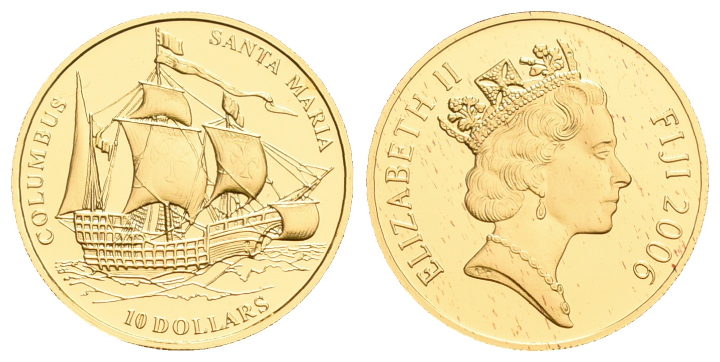 PEUS 5596 Fiji Inseln 1,24 g Feingold. Segelschiff SANTA MARIA 10 Dollar GOLD 2006 Proof (Kapsel)
