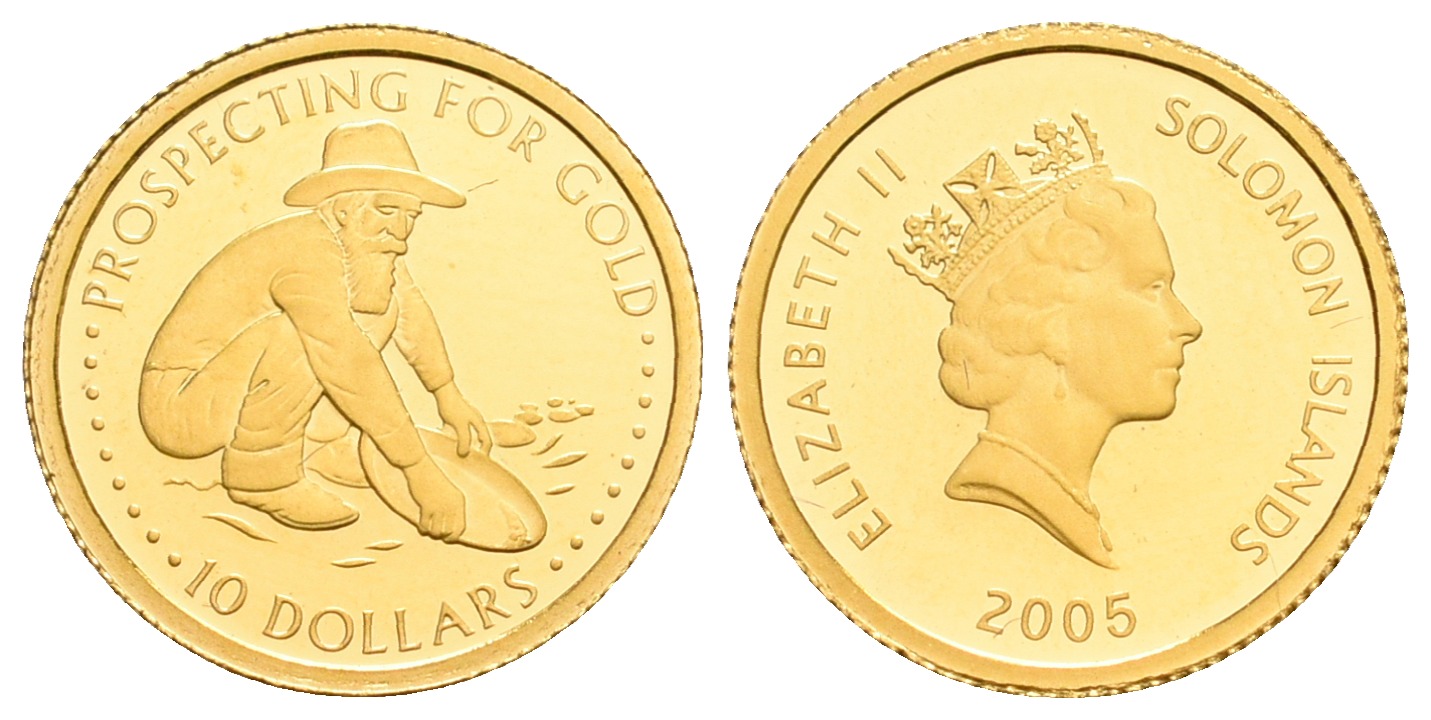 PEUS 5597 Salomon Inseln 1,24 g Feingold. Goldsucher schwenken nach Gold 10 Dollars GOLD 2005 Proof (Kapsel)