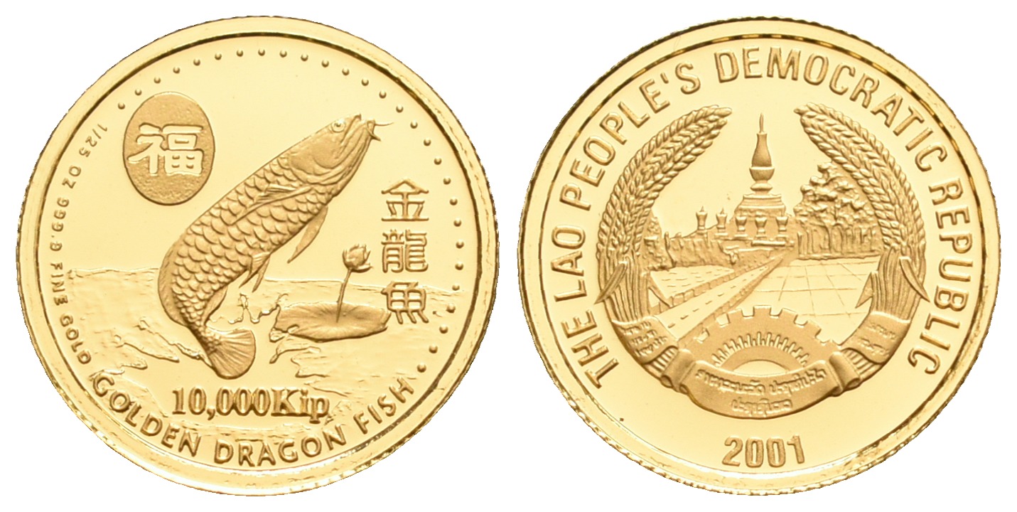 PEUS 5600 Laos 1,24 g Feingold. Golden Dragon Fish - Asiatischer Gabelbart 10.000 Kip GOLD 2001 Proof (Kapsel)