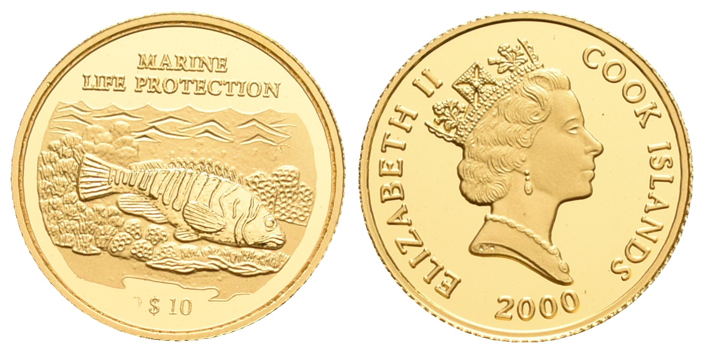 PEUS 5601 Cook Inseln 1,24 g Feingold. Schutz der Meere - Sägebarsch 10 Dollars GOLD 2000 Proof (Kapsel)