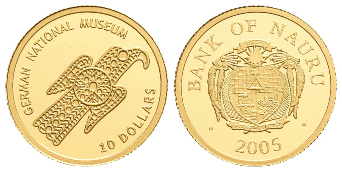 PEUS 5606 Nauru 1,24 g Feingold. Adler Brosche Germanisches Museum 10 Dollars GOLD 2005 Proof (Kapsel)