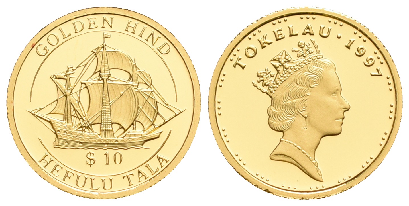 PEUS 5607 Tokelau 1,24 g Feingold. Elisabeth II. / Segelschiff GOLDEN HIND 10 Tala GOLD 1997 Proof (Kapsel)