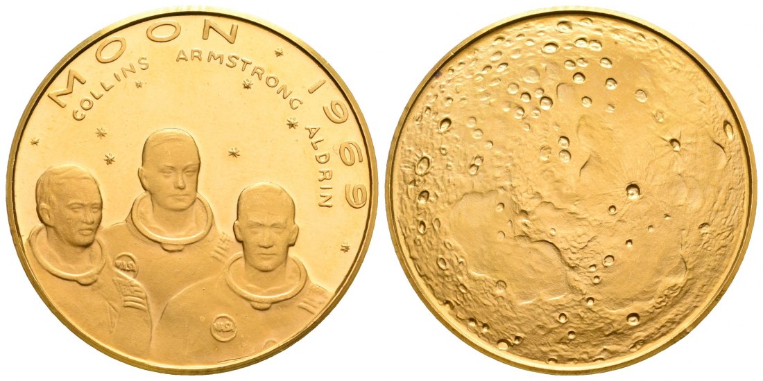 PEUS 5648 Welt 17,15 g Feingold. Collins, Armstrong, Aldrin / Mondansicht Medaille GOLD 1969 Kl. Kratzer, fast Stempelglanz