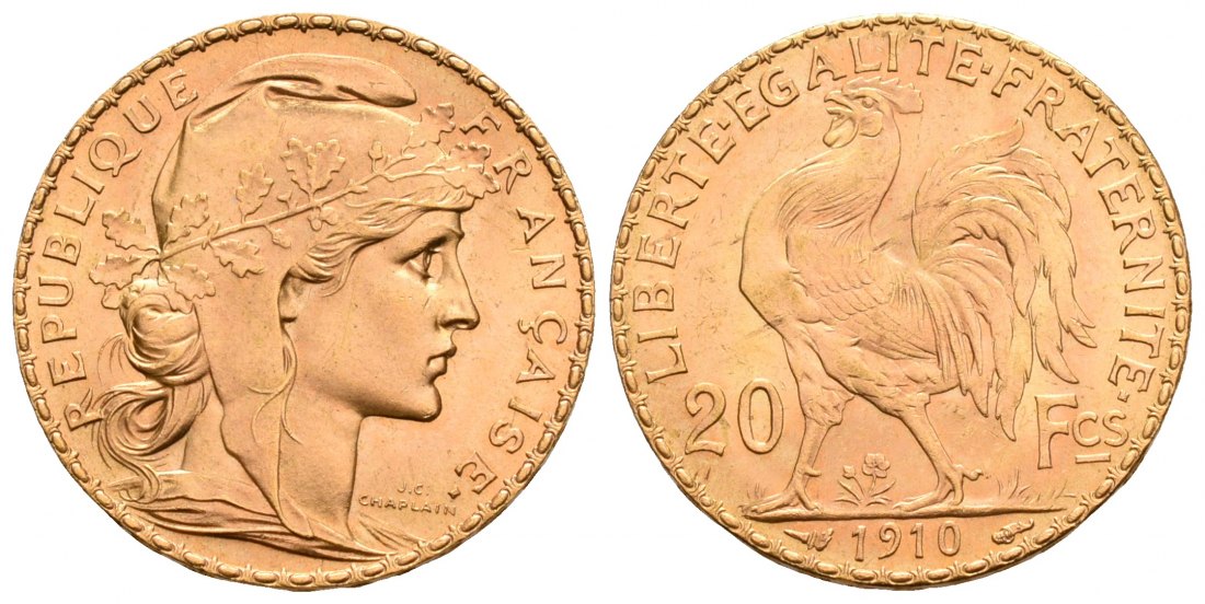 PEUS 5650 Frankreich 5,81 g Feingold. Marianne 20 Francs GOLD 1910 Kl. Kratzer, fast Vorzüglich