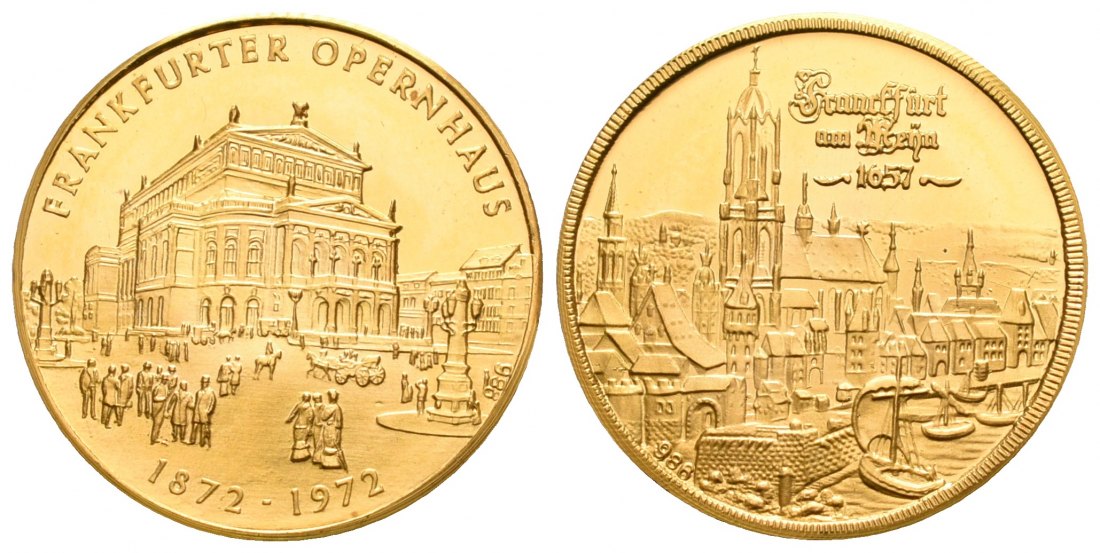 PEUS 5656 BRD, Frankfurt 20 mm / 3,44 g Feingold. Alte Oper 1872 / Stadtansicht 1657 Goldmedaille 1972 Polierte Platte